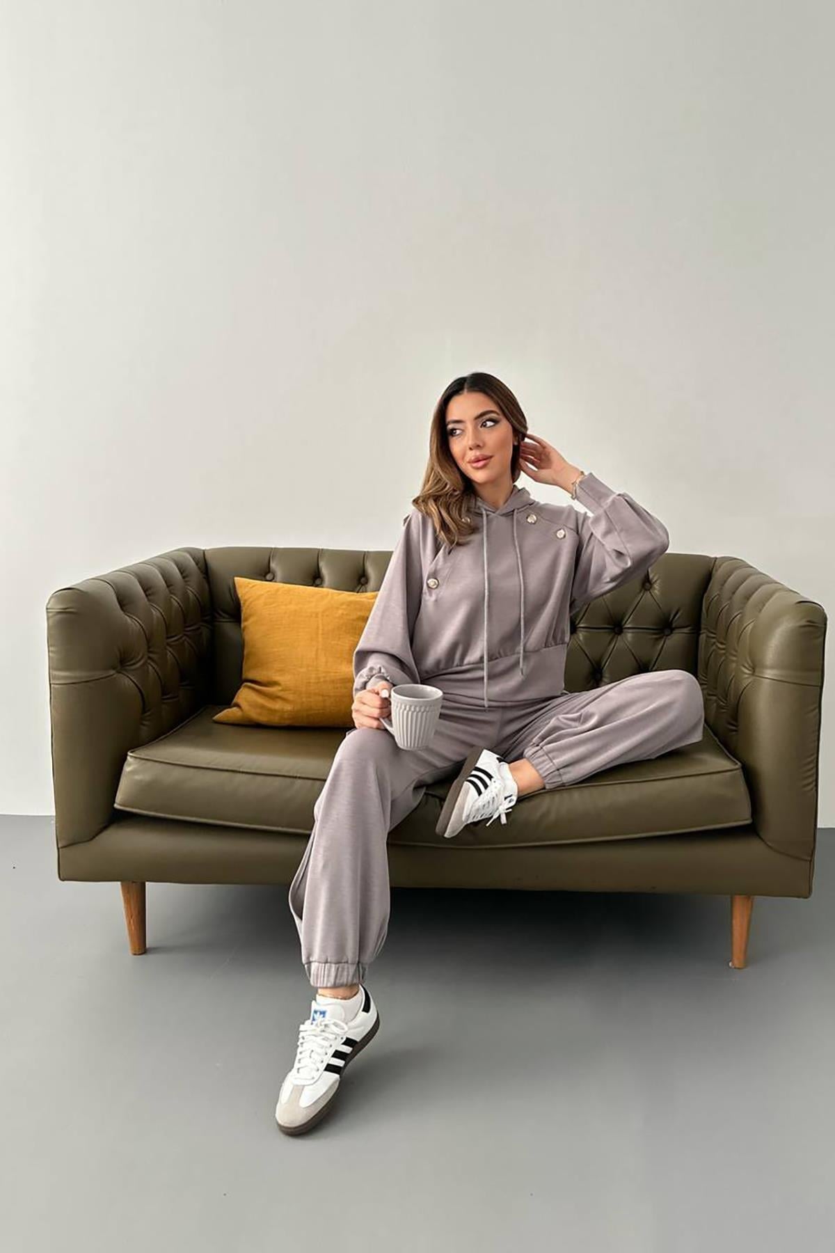 Füme Kapüşonlu Sweatshirt Ve Kargo Pantolon Takım