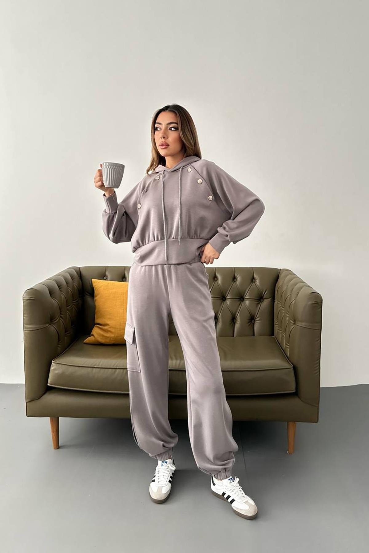 Füme Kapüşonlu Sweatshirt Ve Kargo Pantolon Takım