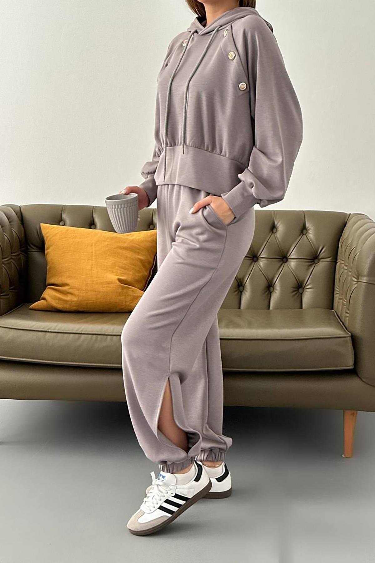Füme Kapüşonlu Sweatshirt Ve Kargo Pantolon Takım