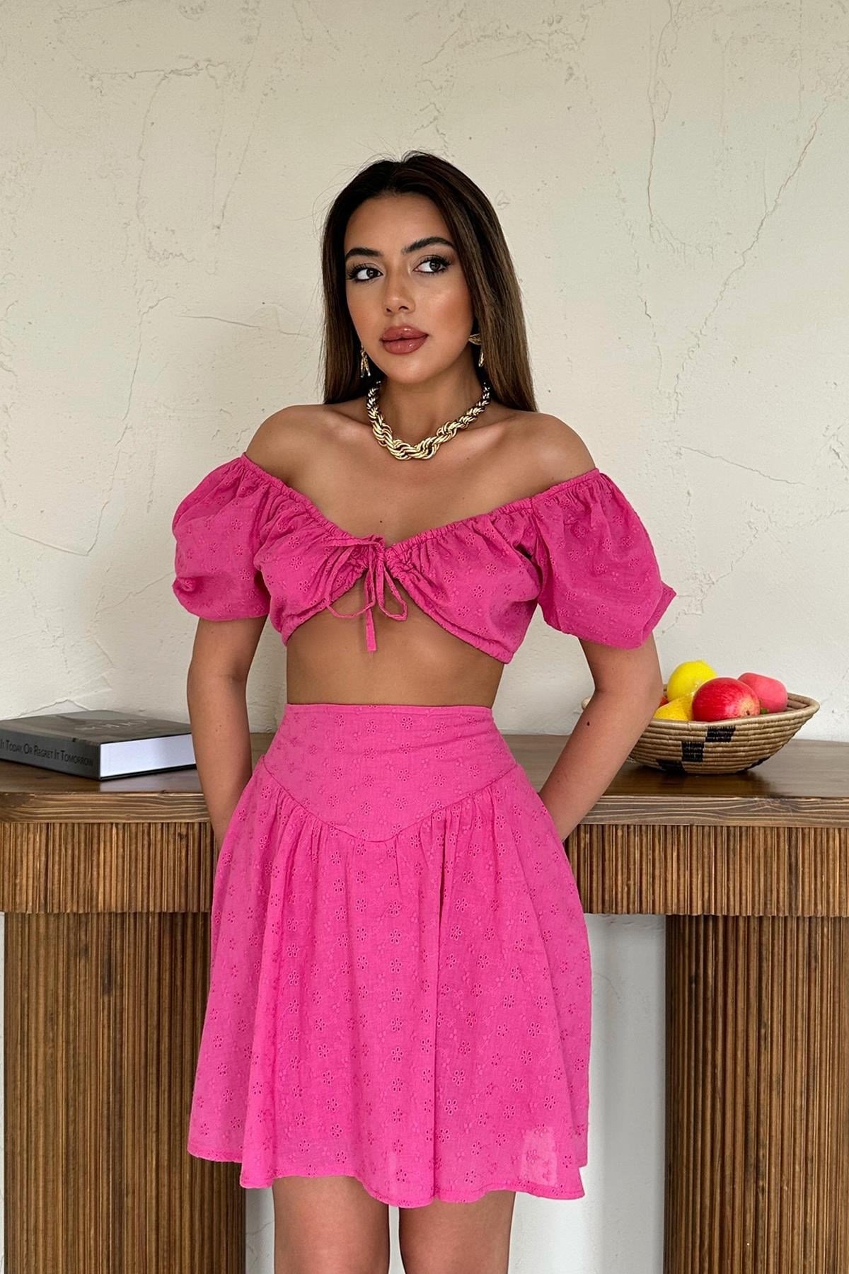 Fuşya Brode Crop Ve Mini Etek Takım
