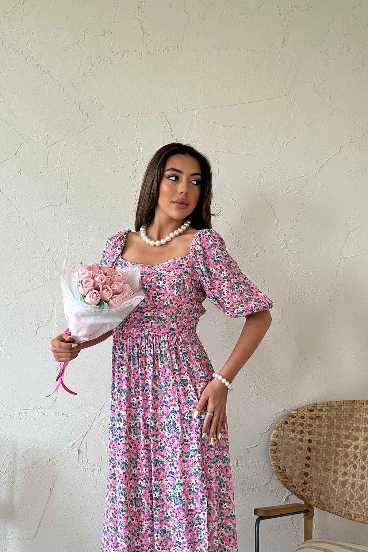 Fuşya Çiçek Desenli Elbise