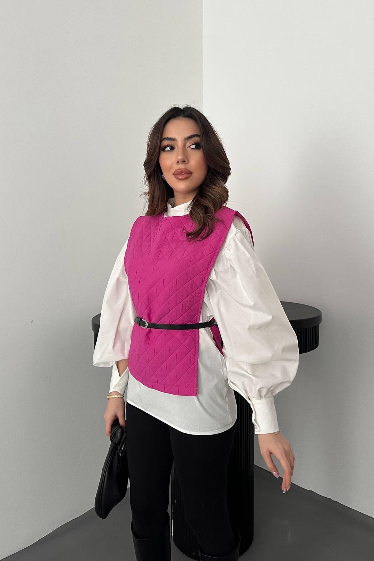 Fuşya Kemerli Gömlek Ve Panço Takım