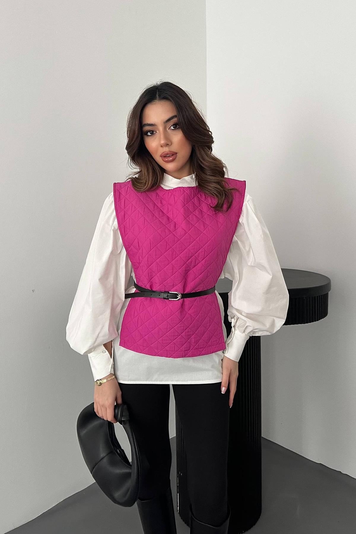 Fuşya Kemerli Gömlek Ve Panço Takım