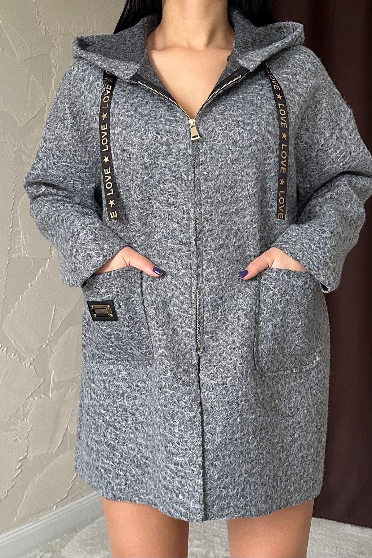 Gri Armalı Kapşonlu Peluş Ceket