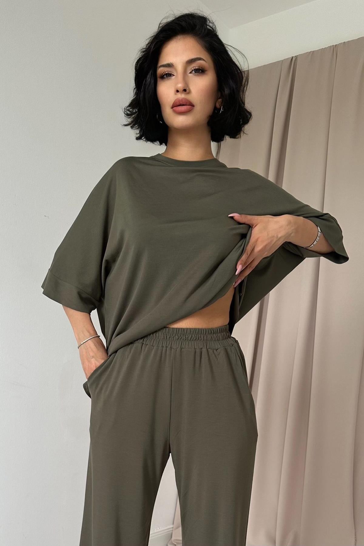 Haki Modal Bluz Ve Pantolon Takım