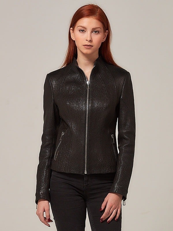 Hakiki Deri Slim Fit Kadın Ceket – Dik Yaka, Fermuarlı Zamansız Tasarım