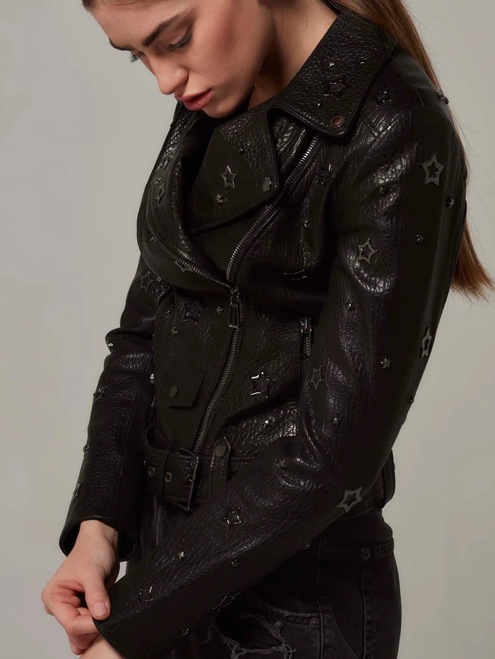 Hakiki Deri Yıldız Detaylı Kadın Biker Ceket – Siyah | Premium Moto Stil