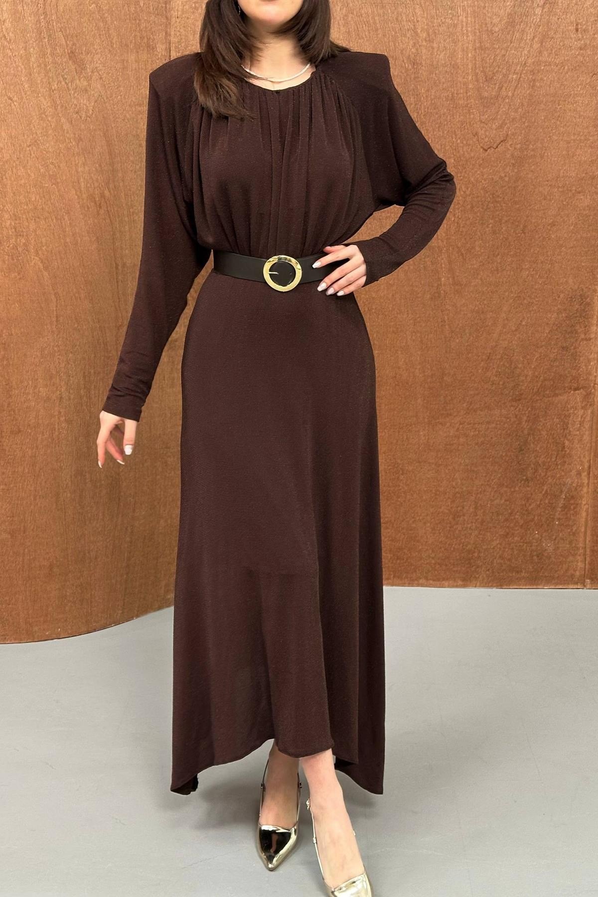Kahverengi Işıltılı Deri Kemer Detaylı Elbise