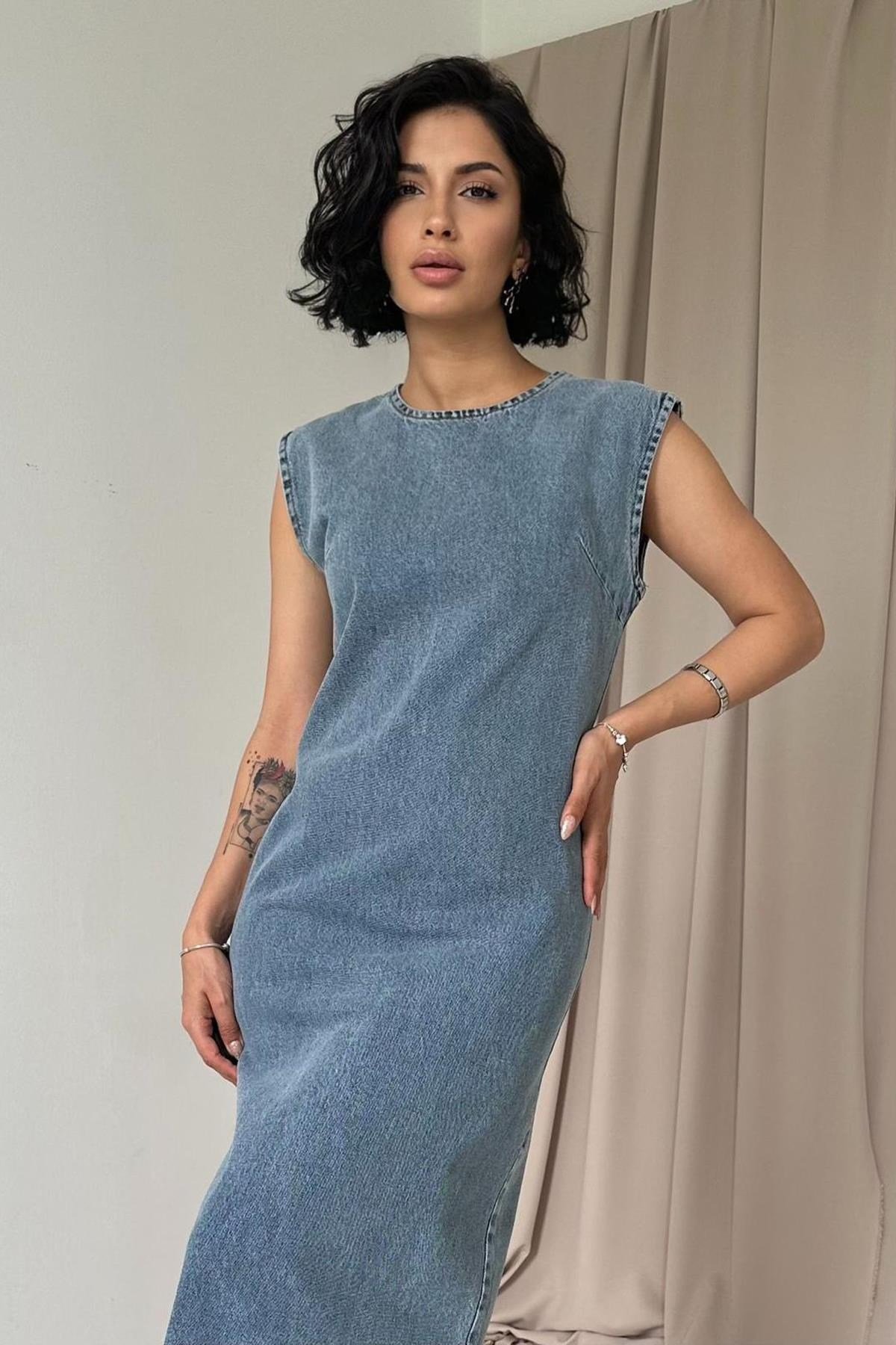 Kar Yıkama Sııfır Kol Pensli Denim Elbise