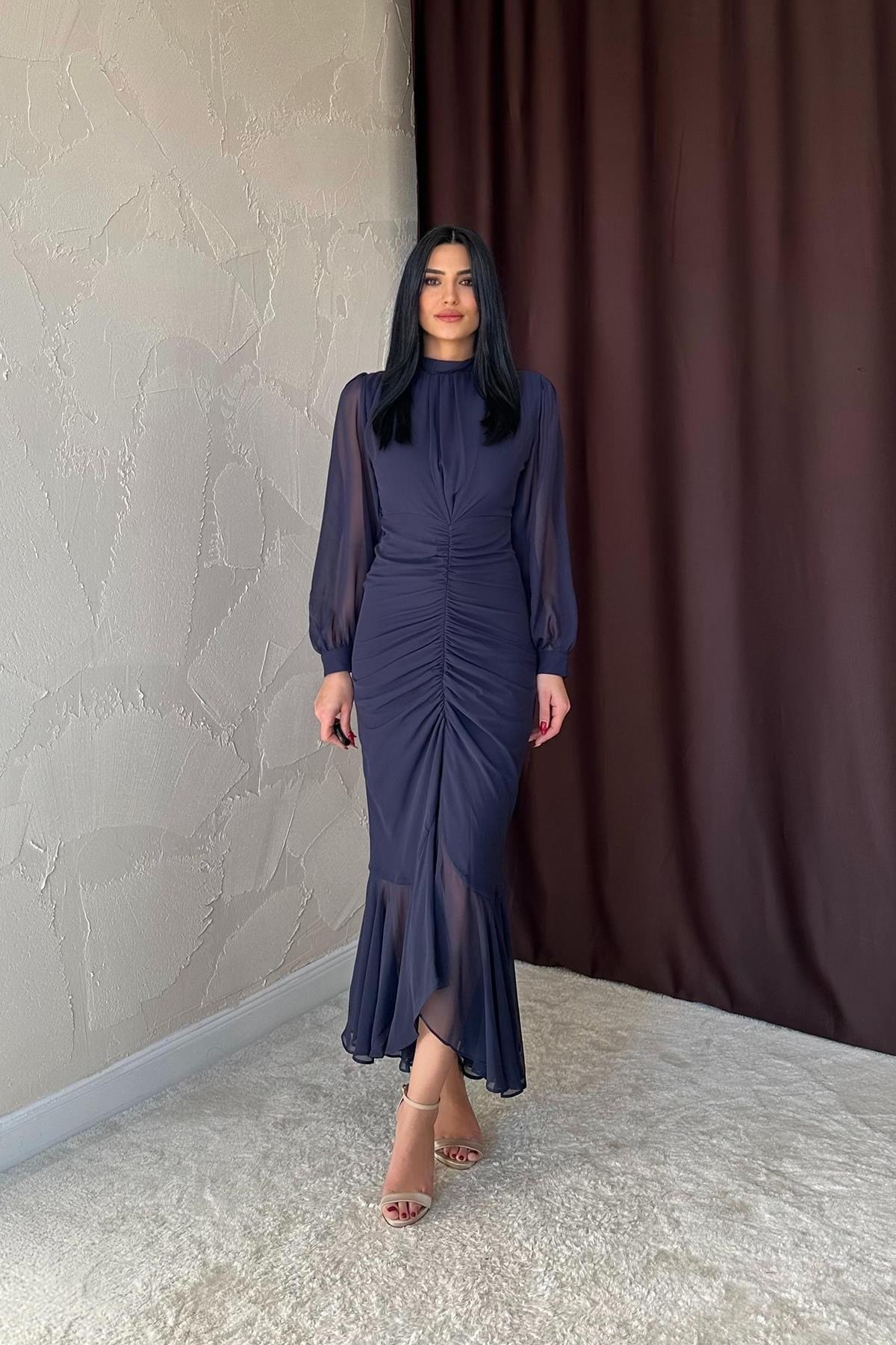 Lacivert Önü Büzgülü Şifon Elbise