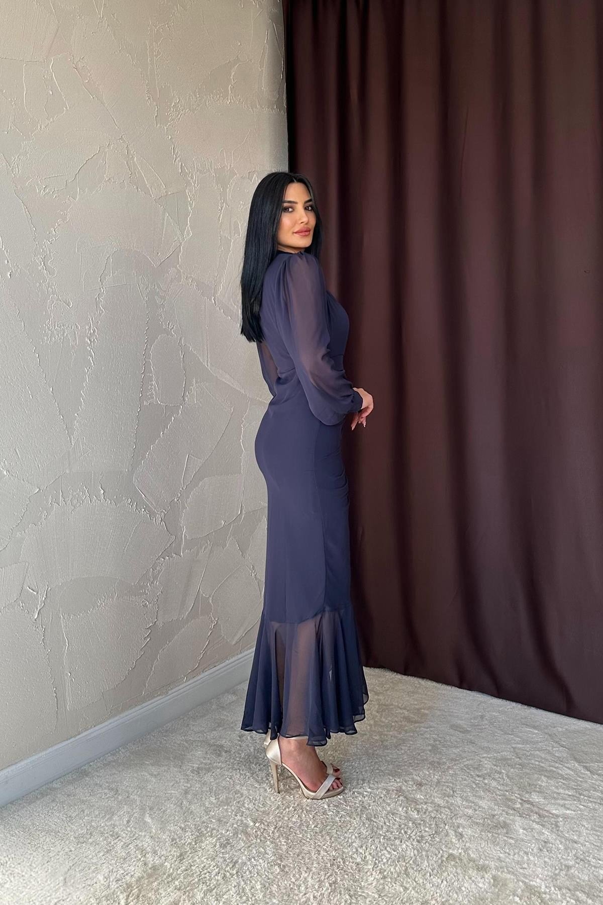 Lacivert Önü Büzgülü Şifon Elbise