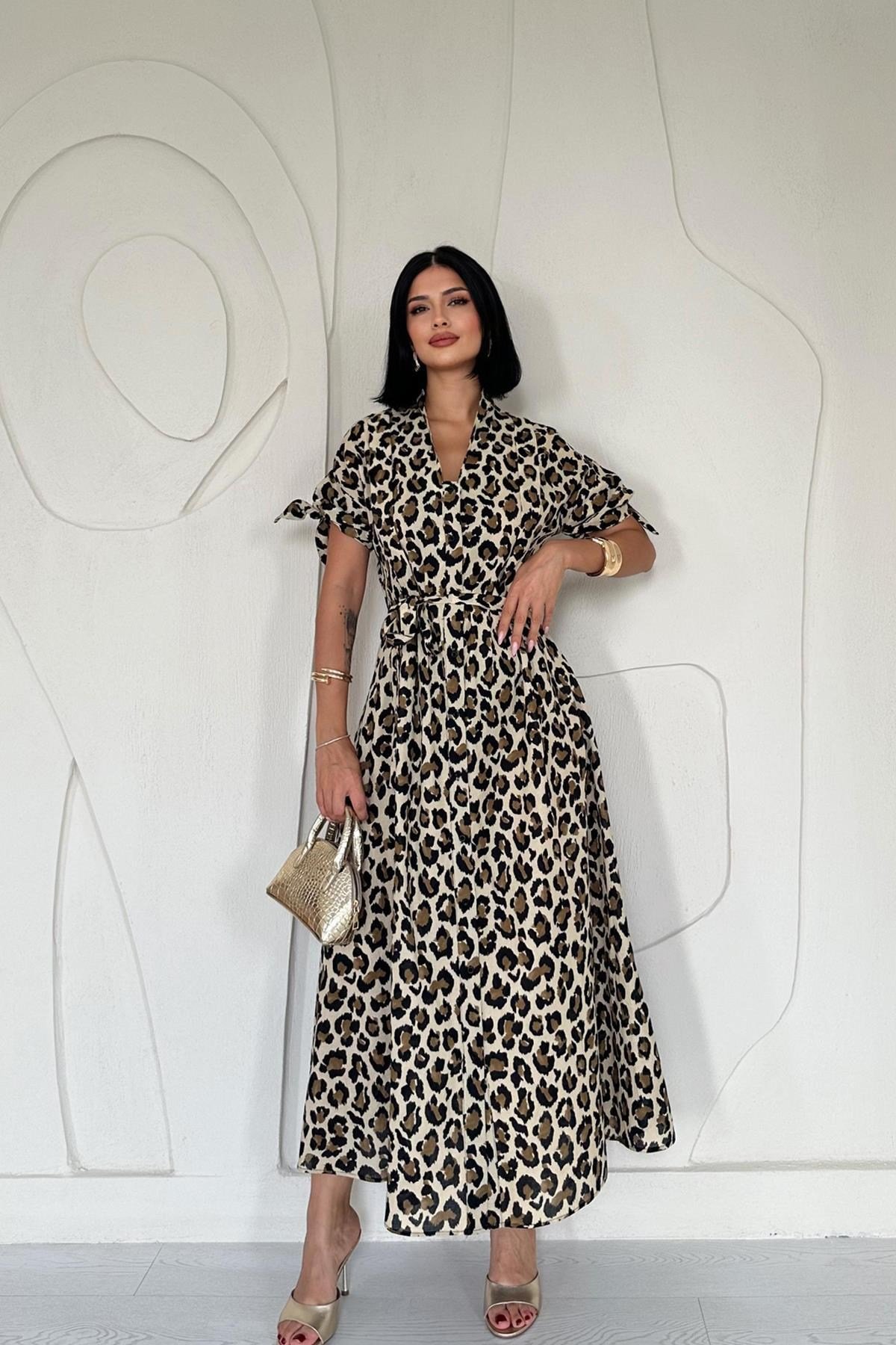 Leopar Leoparlı Desenli Kuşaklı Elbise
