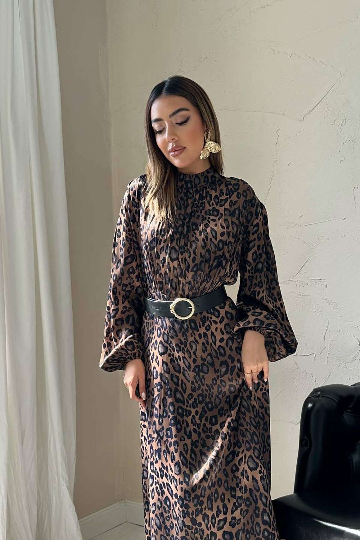 Leopar Saten Elbise
