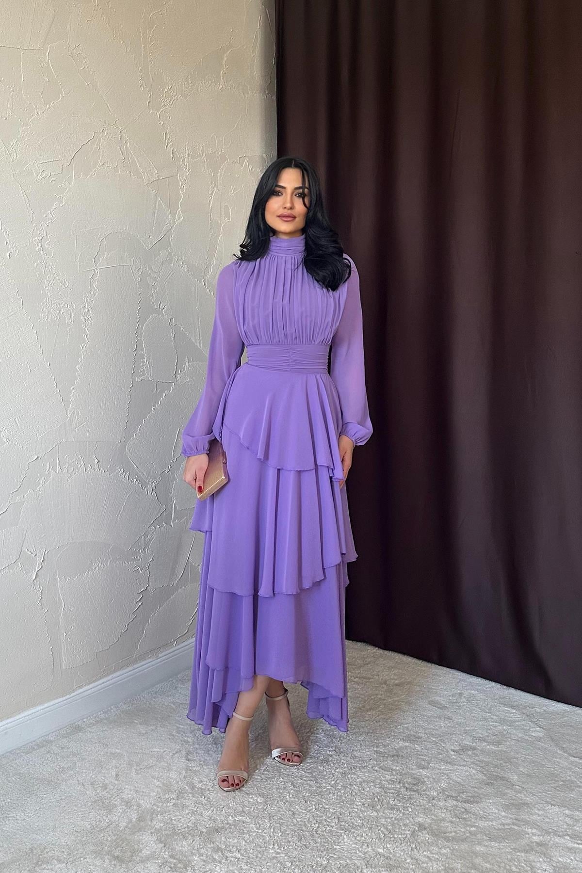 Lila Bel Detaylı Elbise