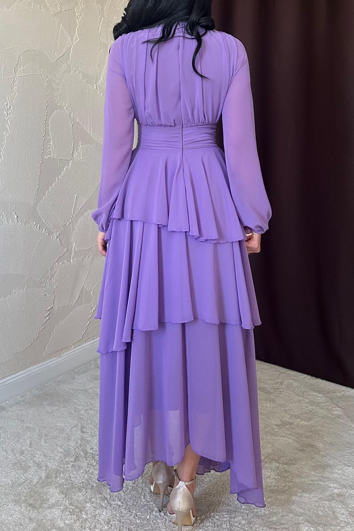 Lila Bel Detaylı Elbise