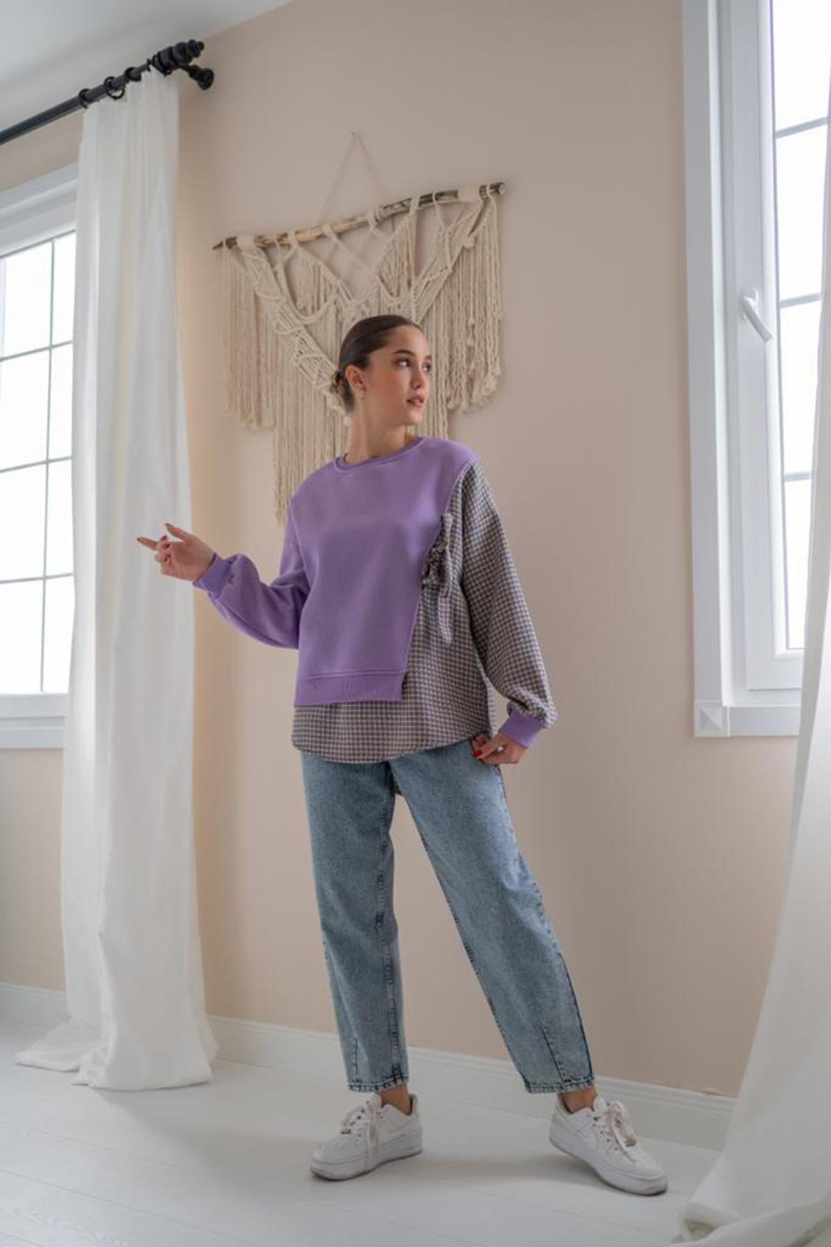 Lila Çizgili Gömlekli Sweatshirt
