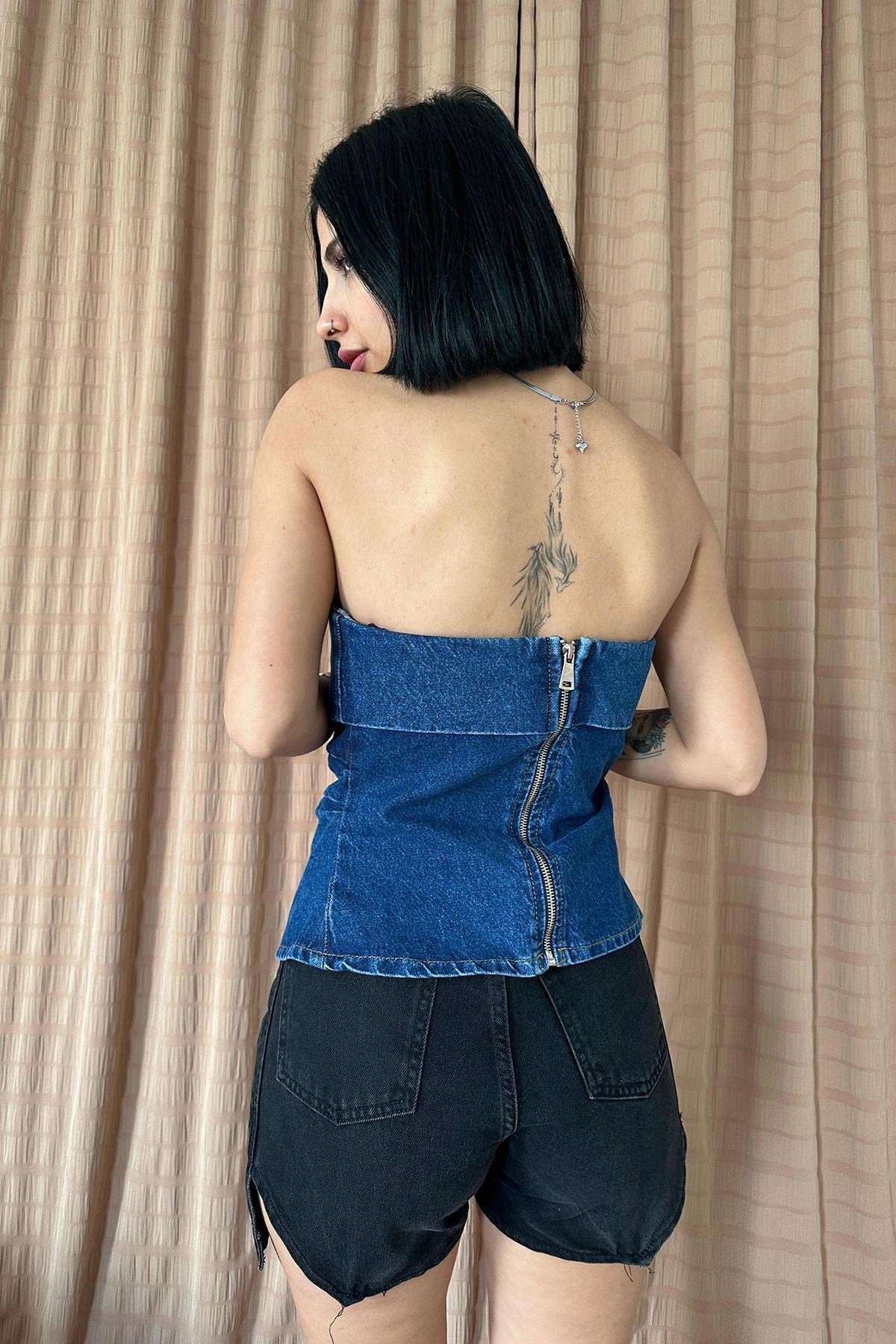 Mavi Arkası Fermuarlı Kot Crop