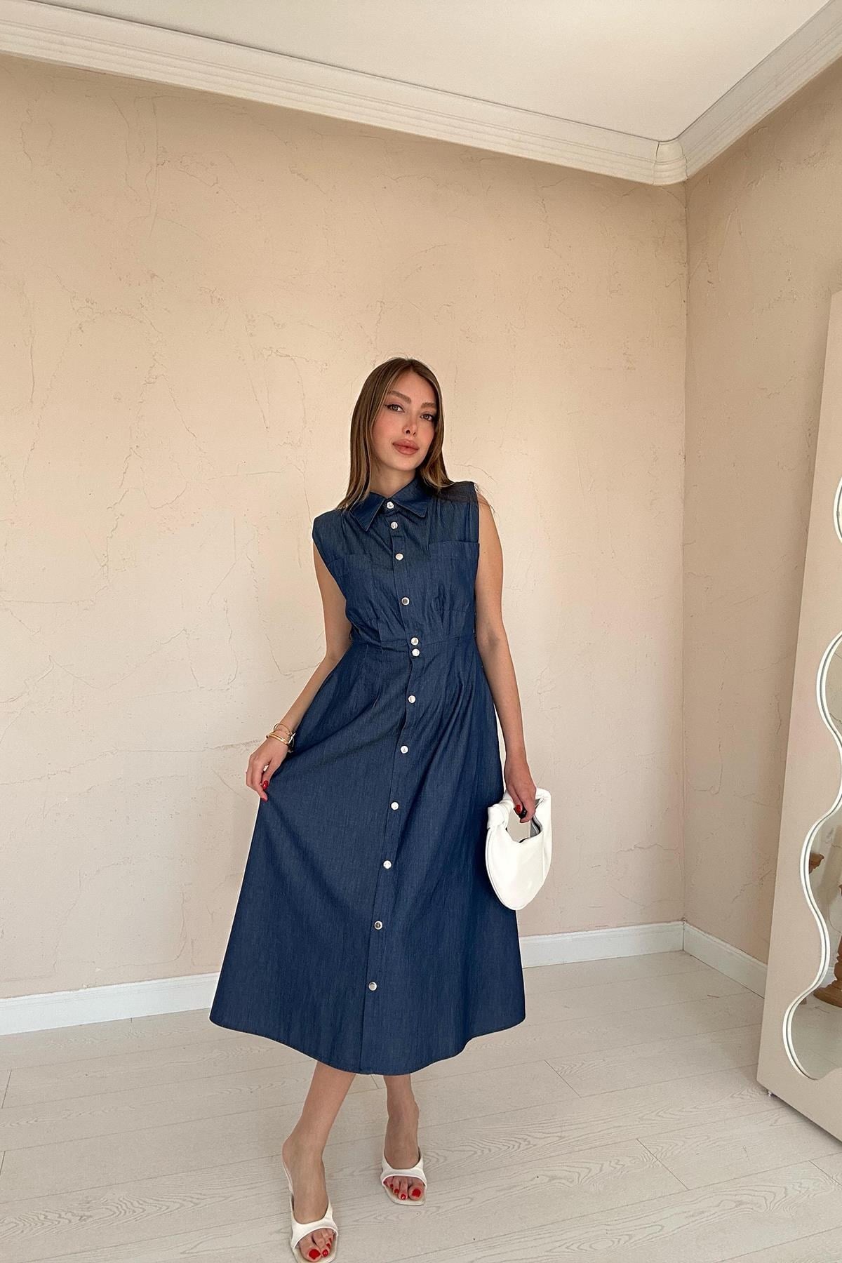 Mavi Tencel Çıtçıtlı Elbise