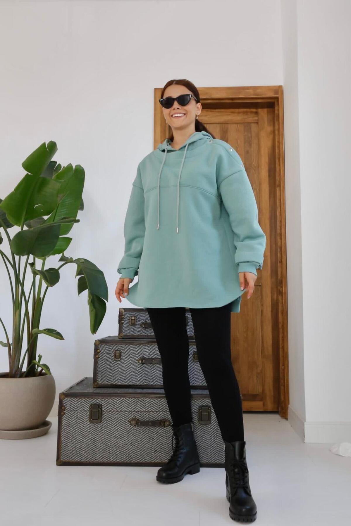 Mint Kapüşonlu Garni Detay Sweatshirt