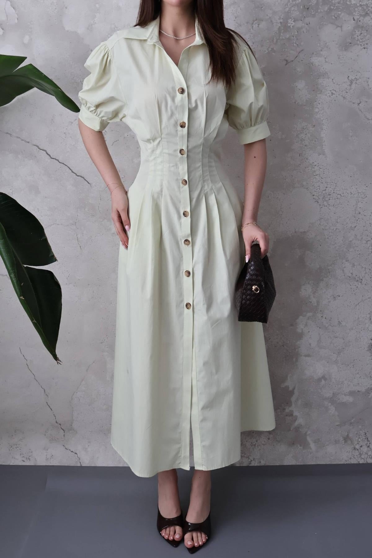 Mint Pileli Poplin Elbise