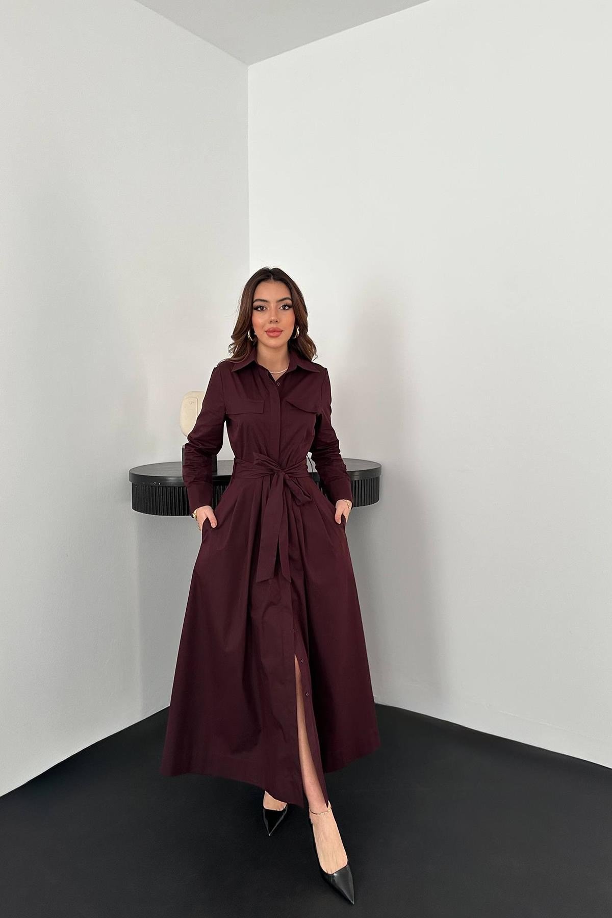 Mürdüm Düğmeli Poplin Elbise