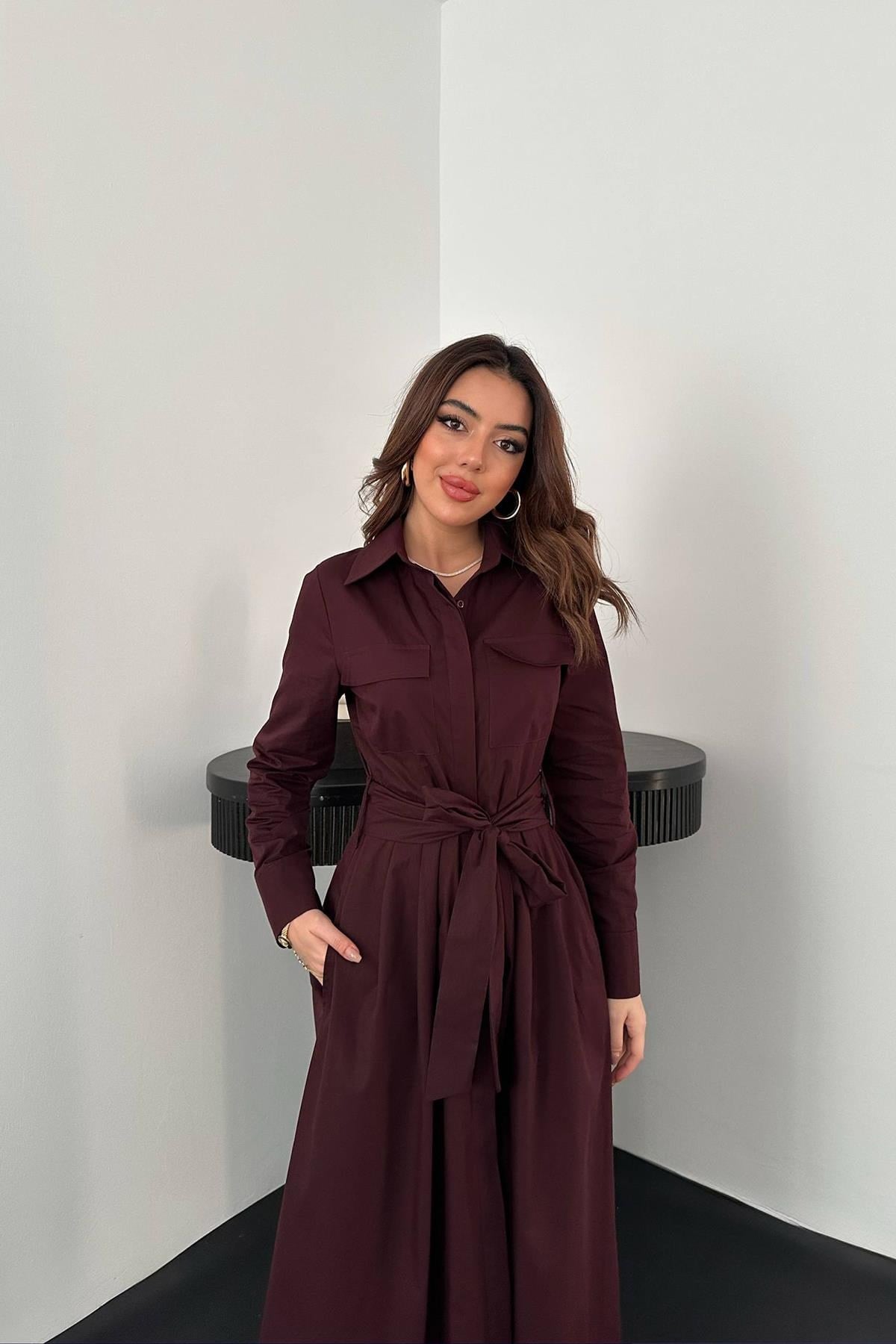 Mürdüm Düğmeli Poplin Elbise