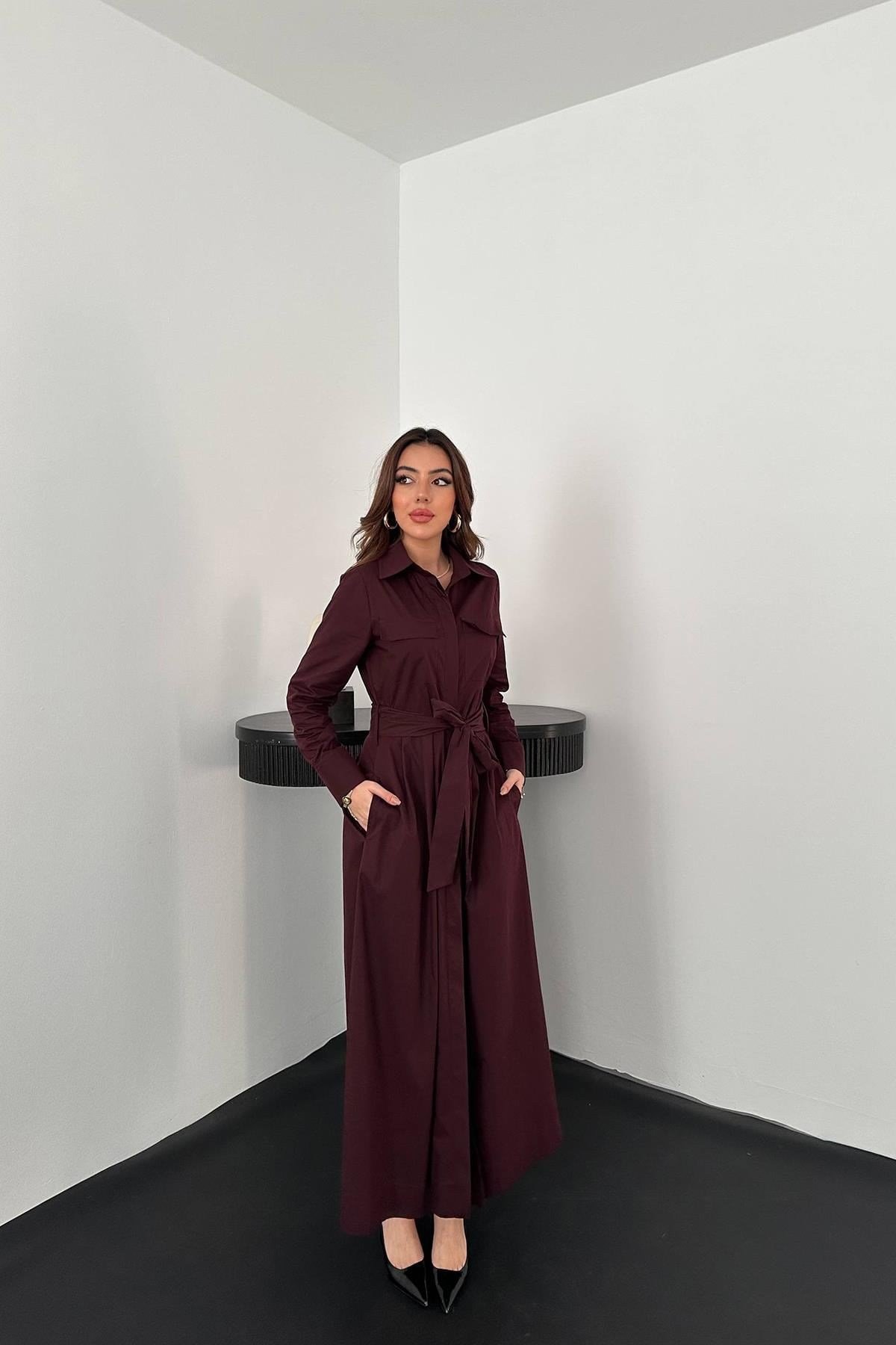 Mürdüm Düğmeli Poplin Elbise