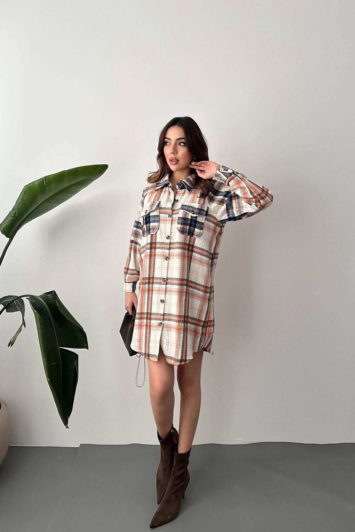 Oranj Oduncu Gömlek Elbise