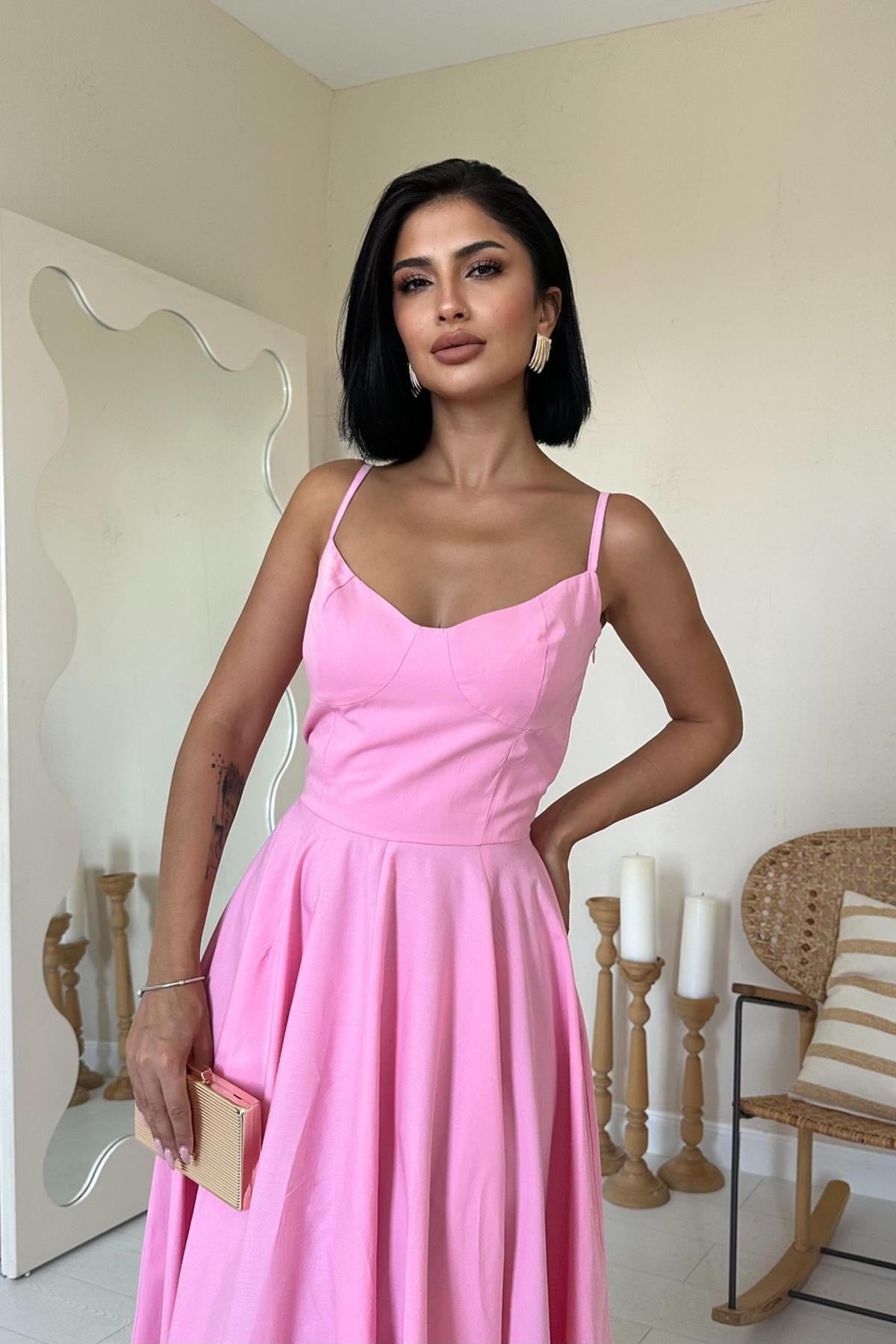 Pembe A-Line Askılı Elbise