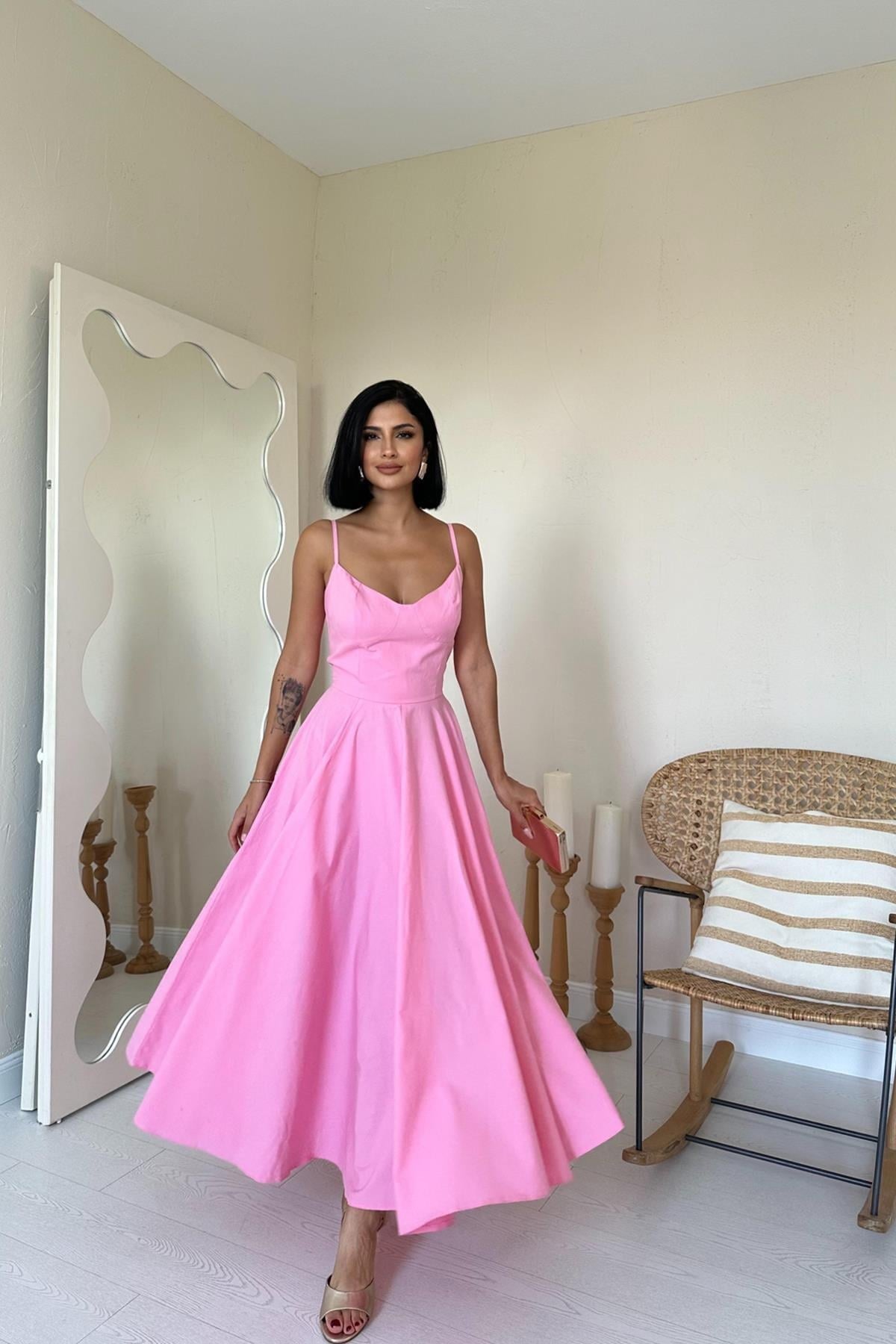 Pembe A-Line Askılı Elbise