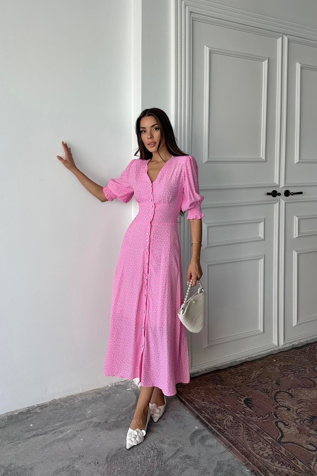 Pembe Arka Ve Bel Ucu Gipeli Elbise