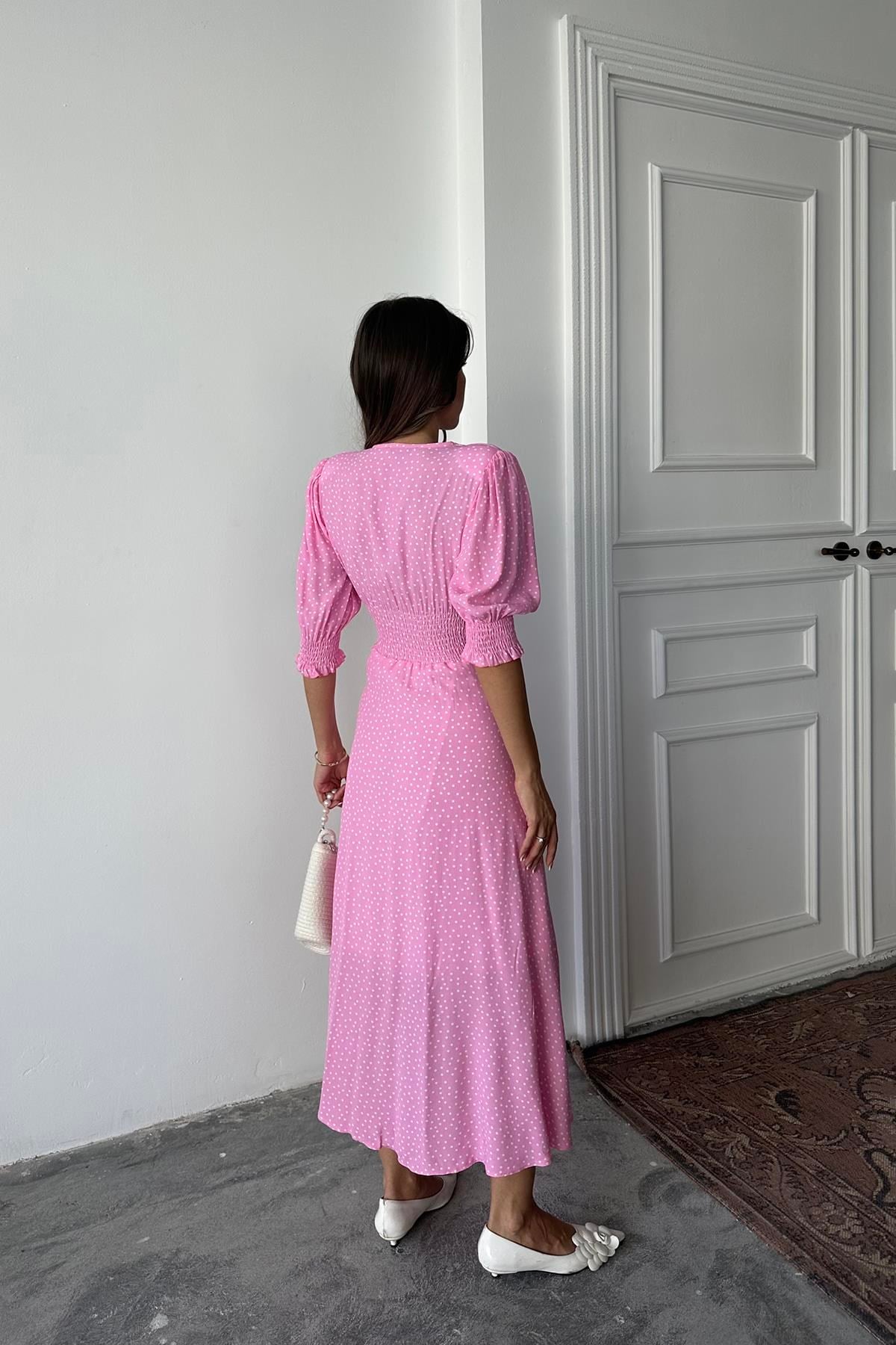 Pembe Arka Ve Bel Ucu Gipeli Elbise