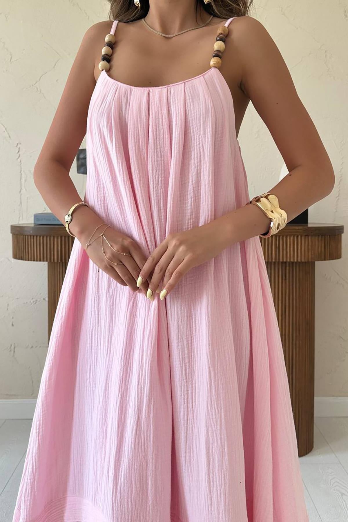 Pembe Askılı Müslin Elbise