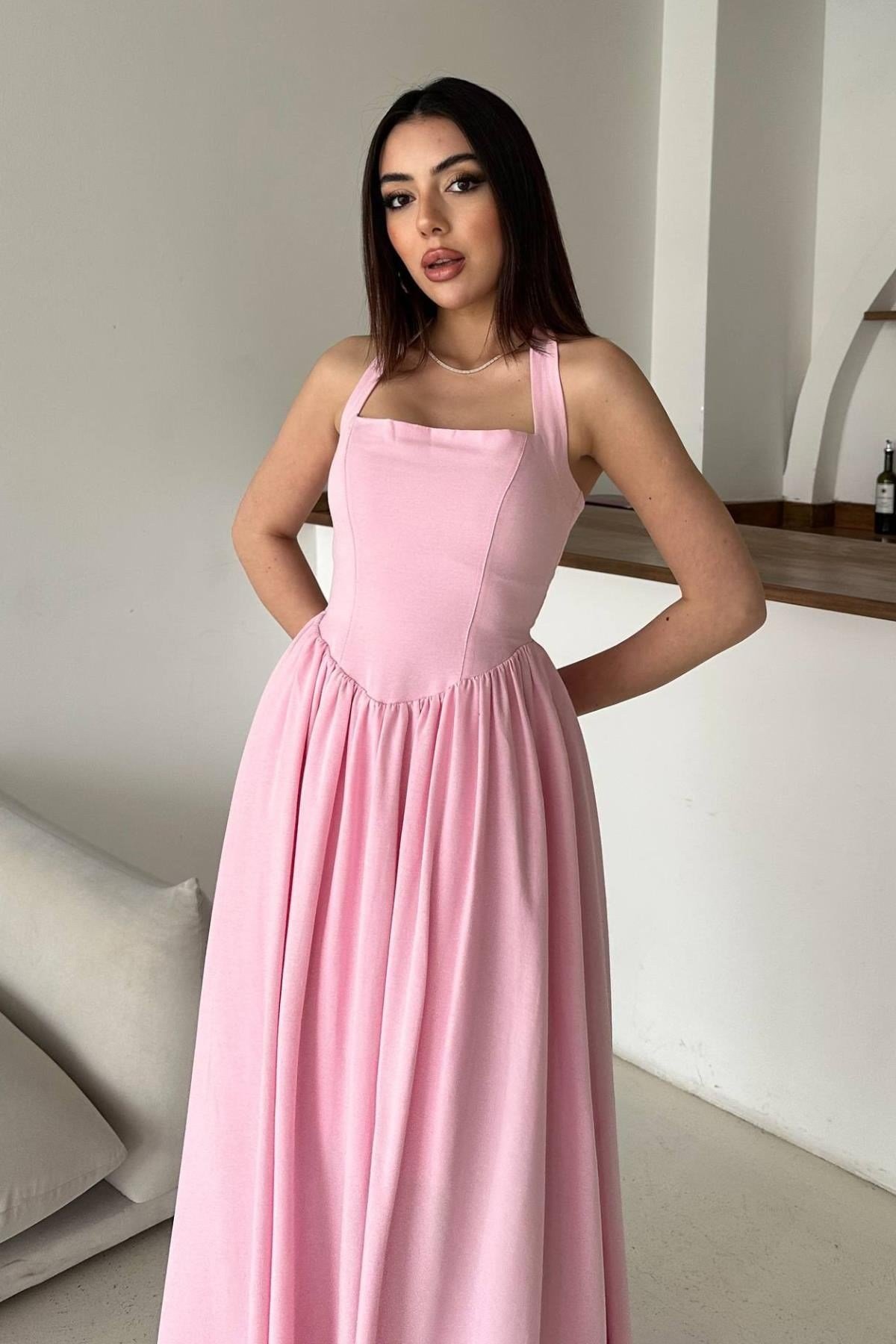 Pembe Boyundan Bağlamalı Keten Elbise
