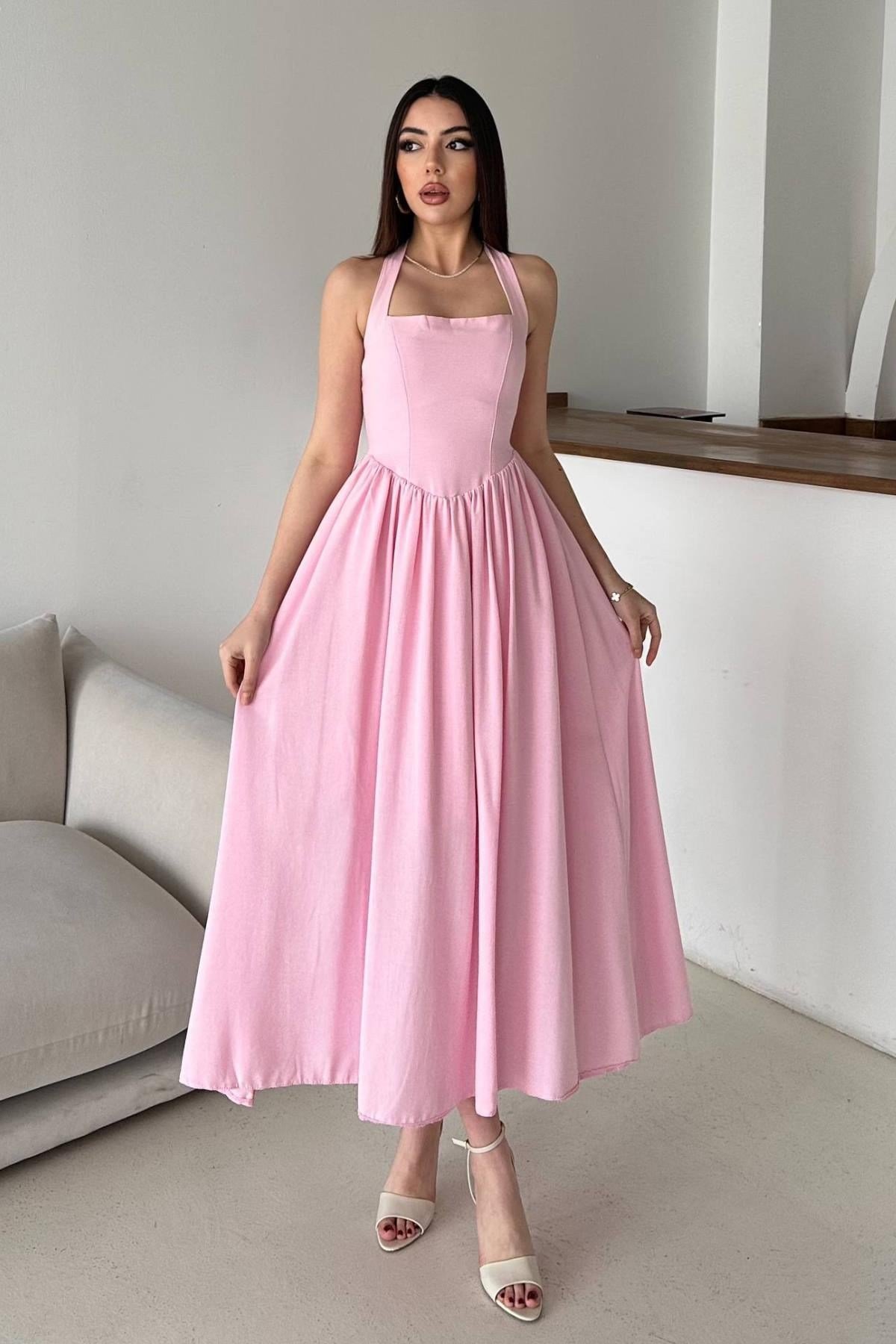 Pembe Boyundan Bağlamalı Keten Elbise