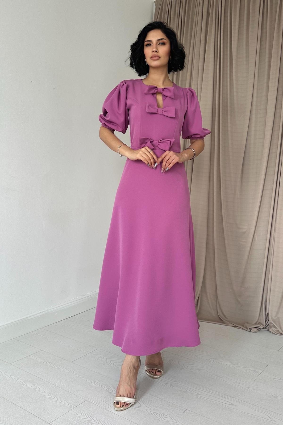 Pembe Fiyonklu Midi Elbise
