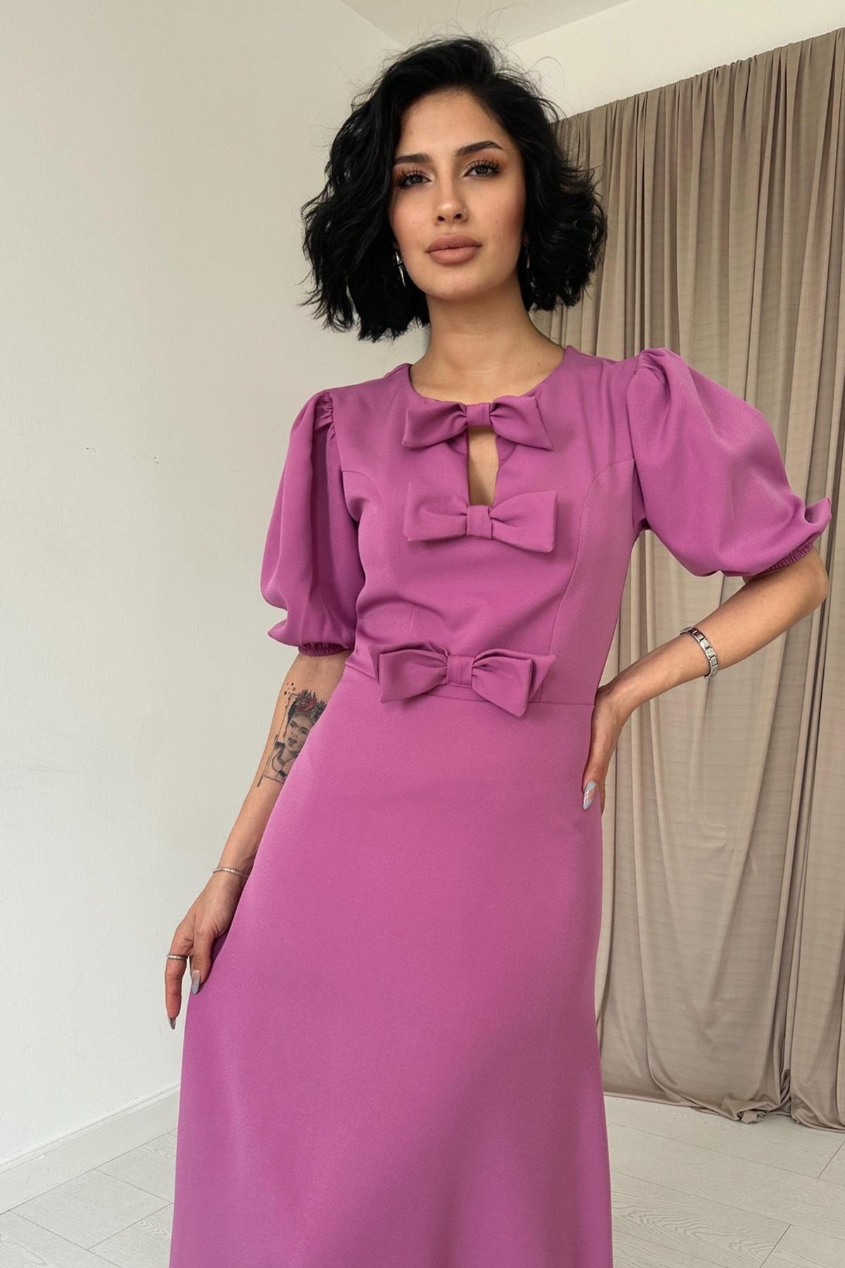 Pembe Fiyonklu Midi Elbise