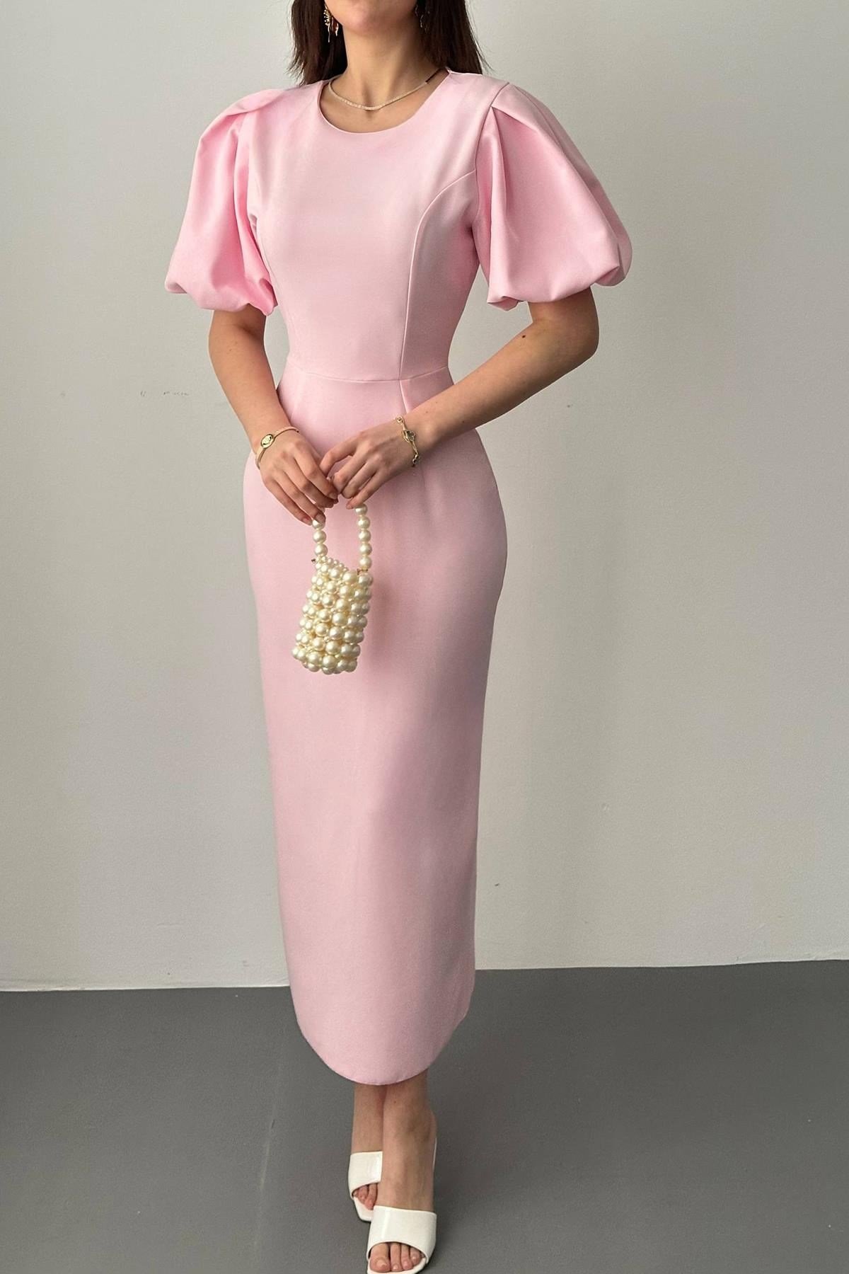 Pembe Kolları Balon Elbise
