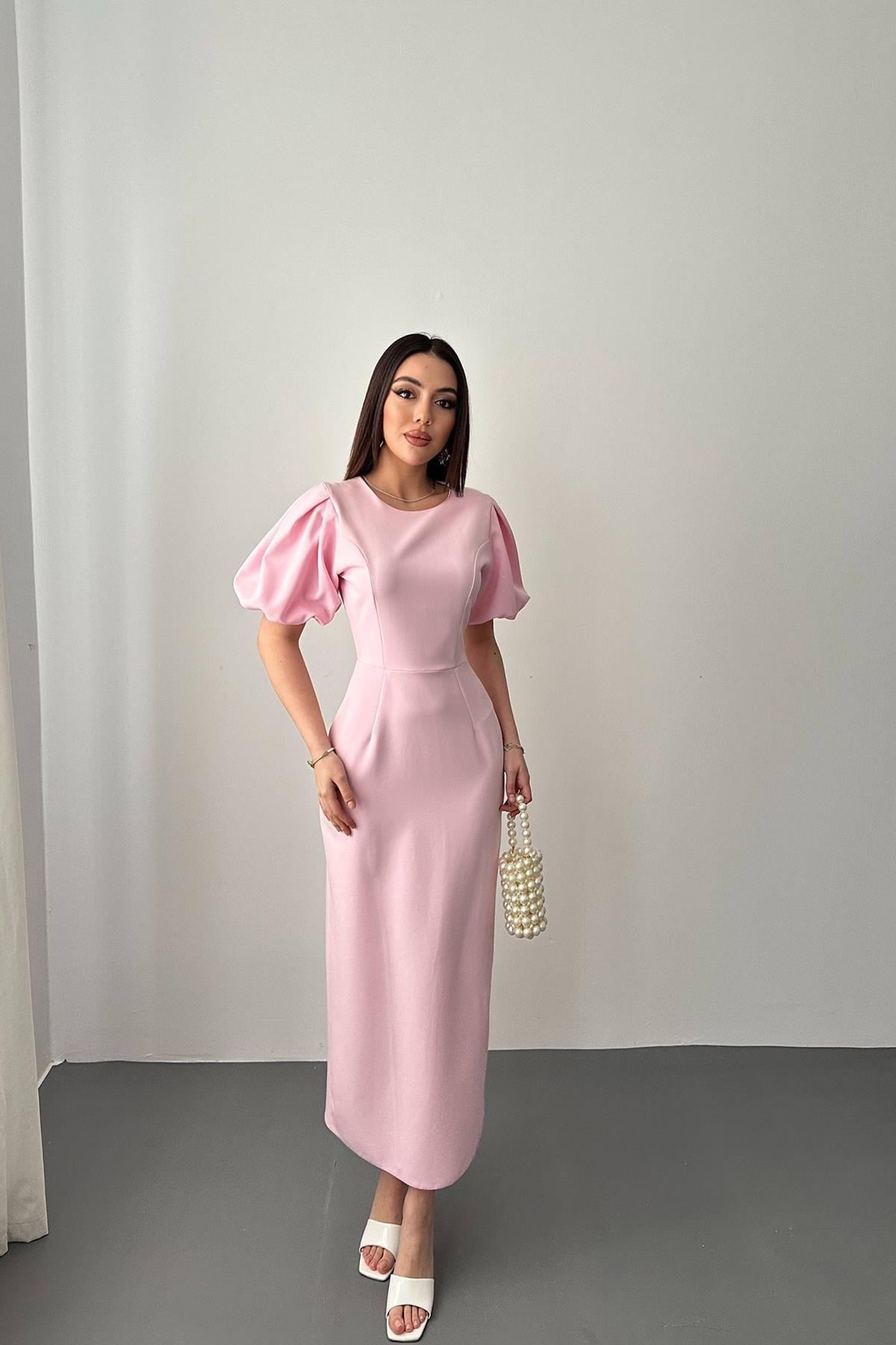 Pembe Kolları Balon Elbise