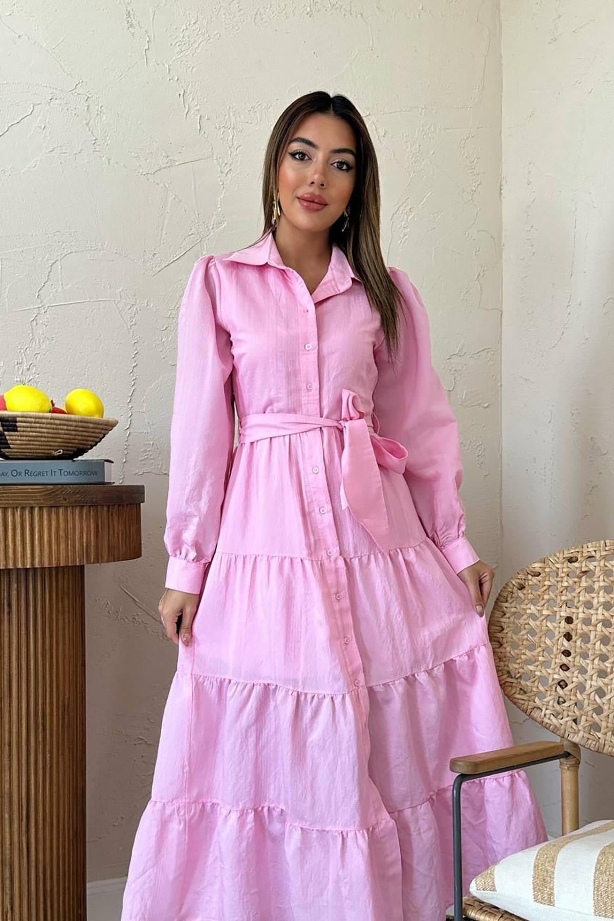Pembe Kuşaklı Çizgi Desenli Elbise