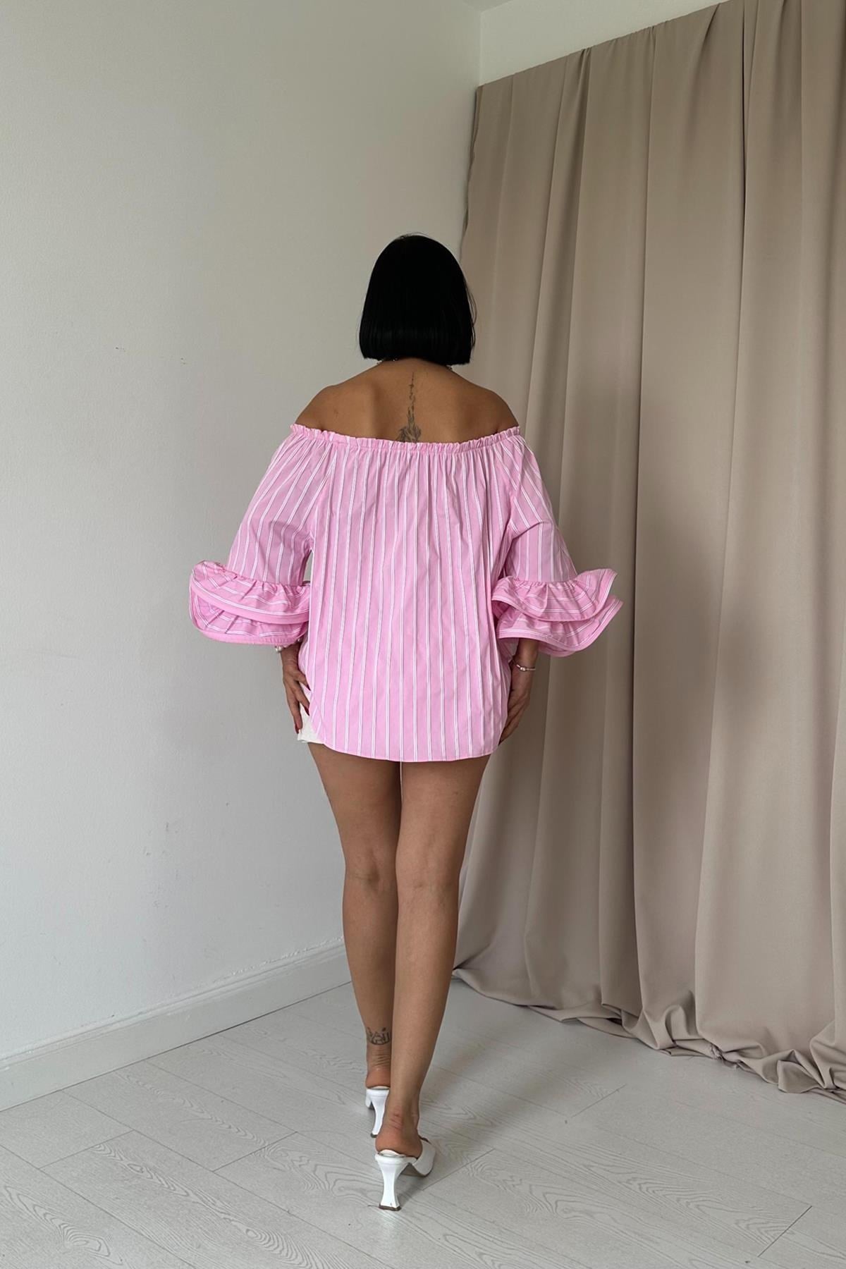 Pembe Omzu Lastikli Balenli Bluz