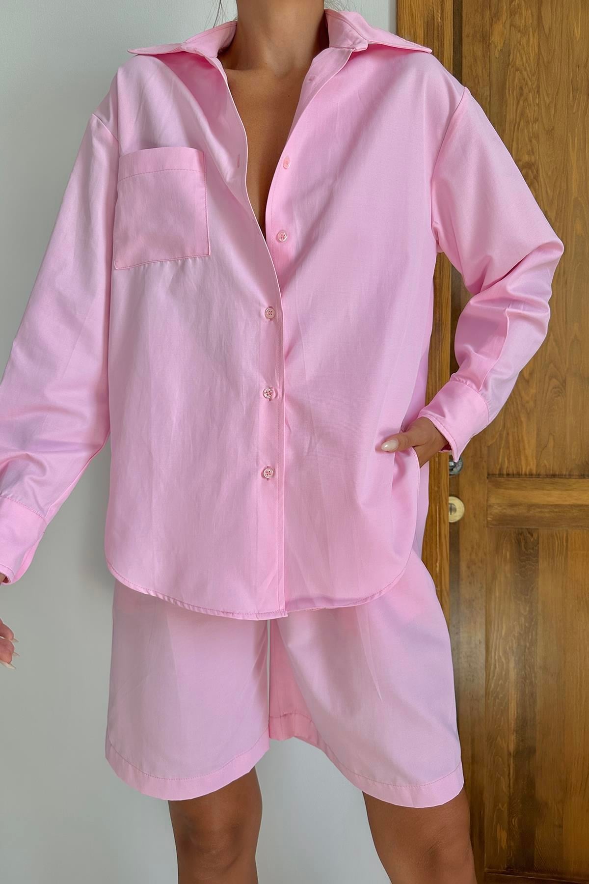 Pembe Önü Cepli Gömlek Ve Şort Takım