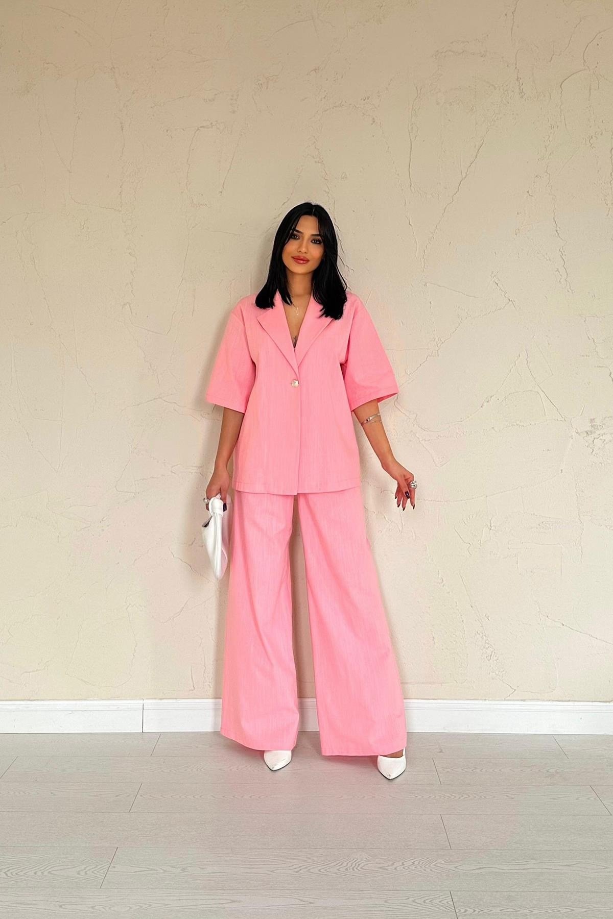 Pembe Önü Tek Düğmeli Ceket Pantolon Takım