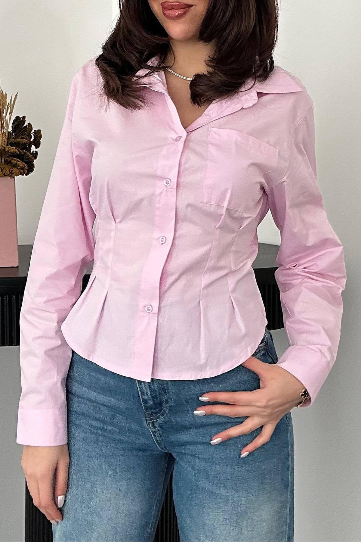 Pembe Pileli Poplin Gömlek