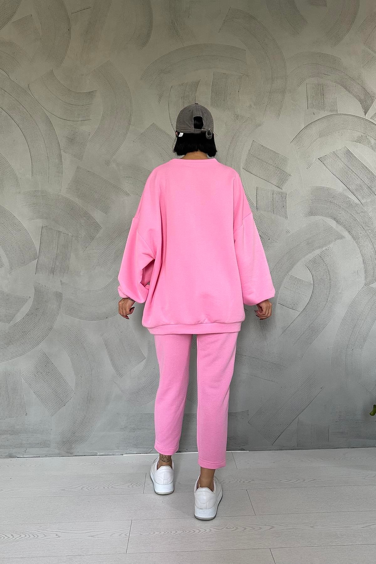 Pembe Spor Sweatshirt Ve Pantolon Takım