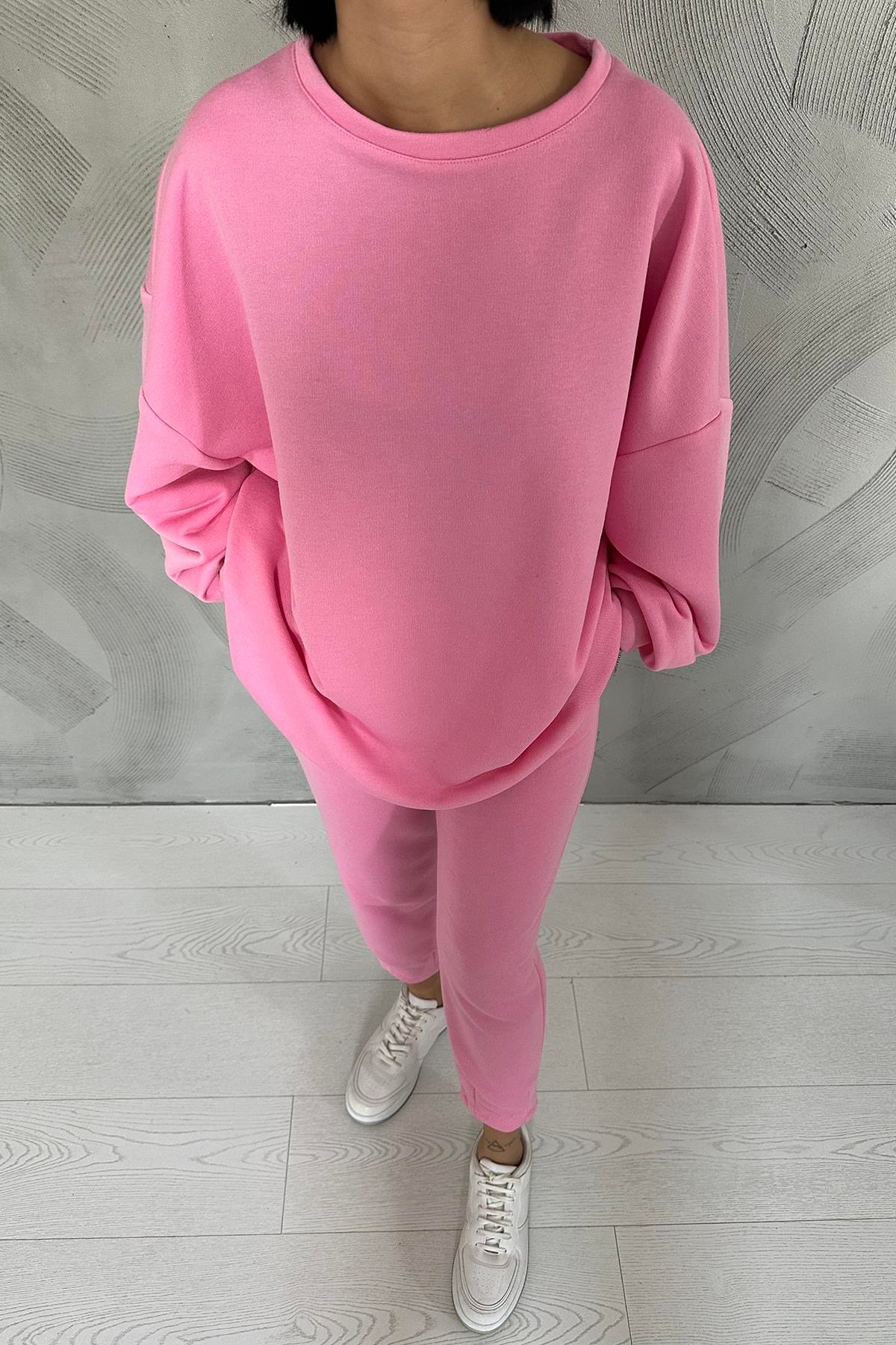 Pembe Spor Sweatshirt Ve Pantolon Takım