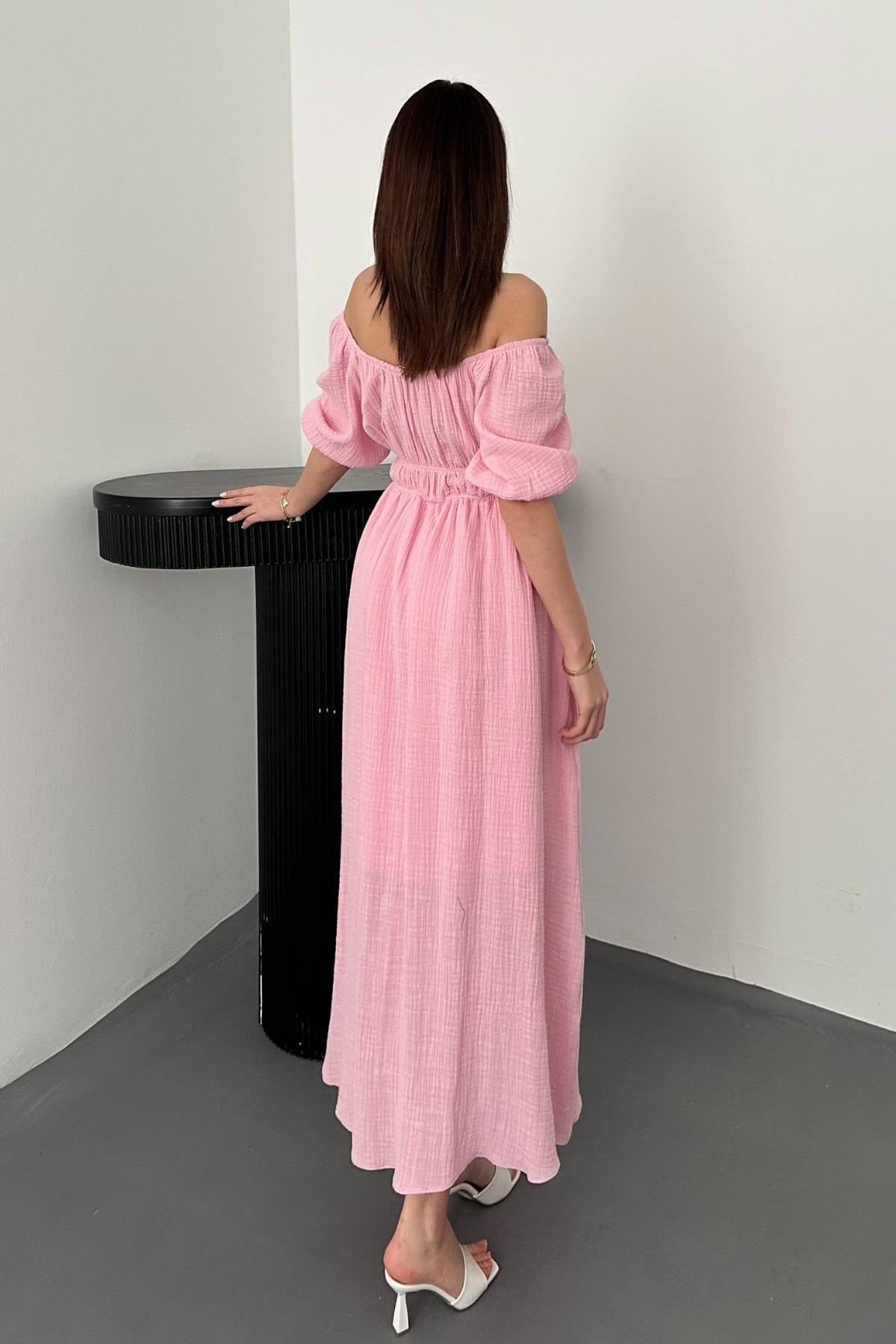 Pembe Yakası Büzgülü Müslin Keten Elbise