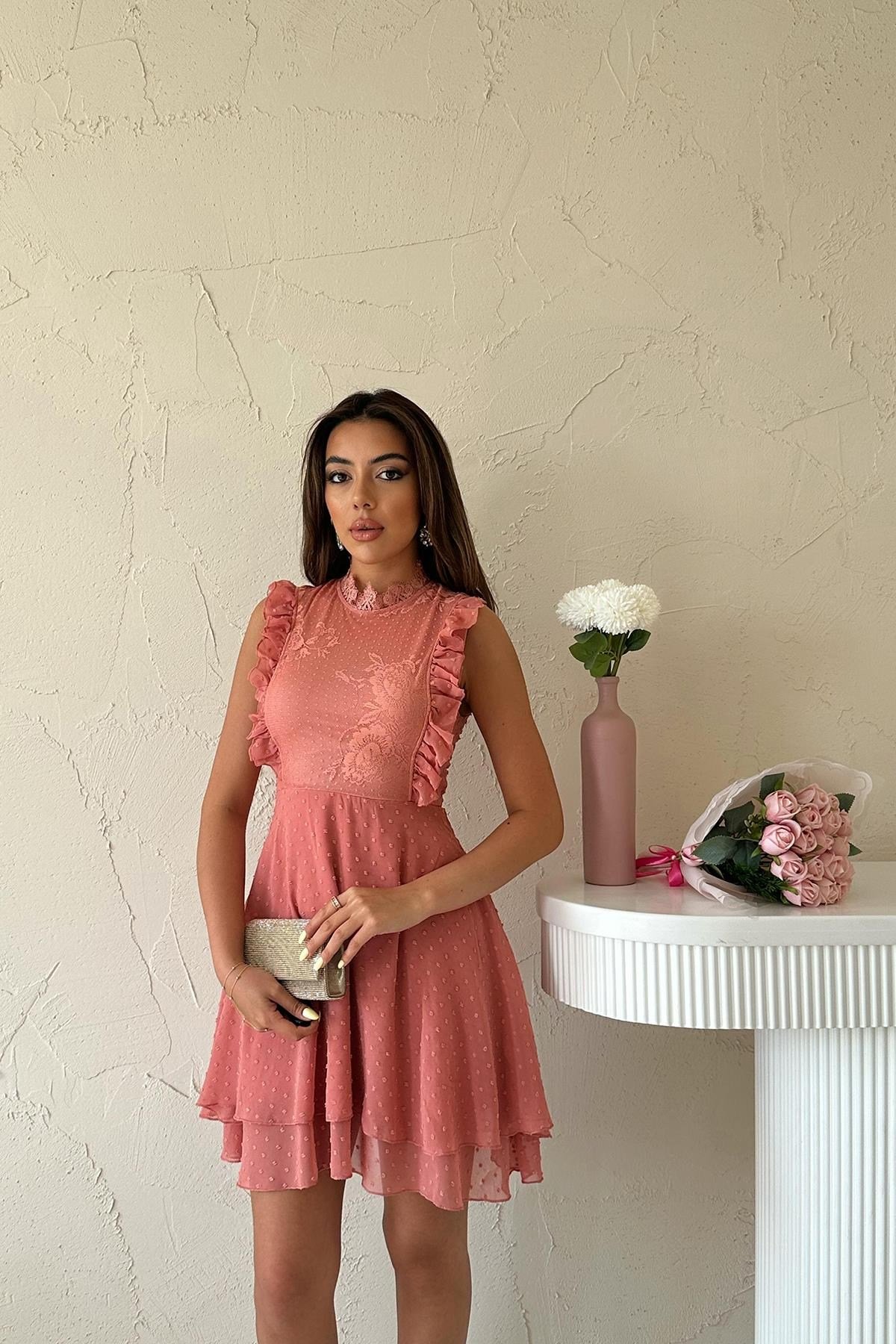 Pudra Çiçek Desenli Elbise