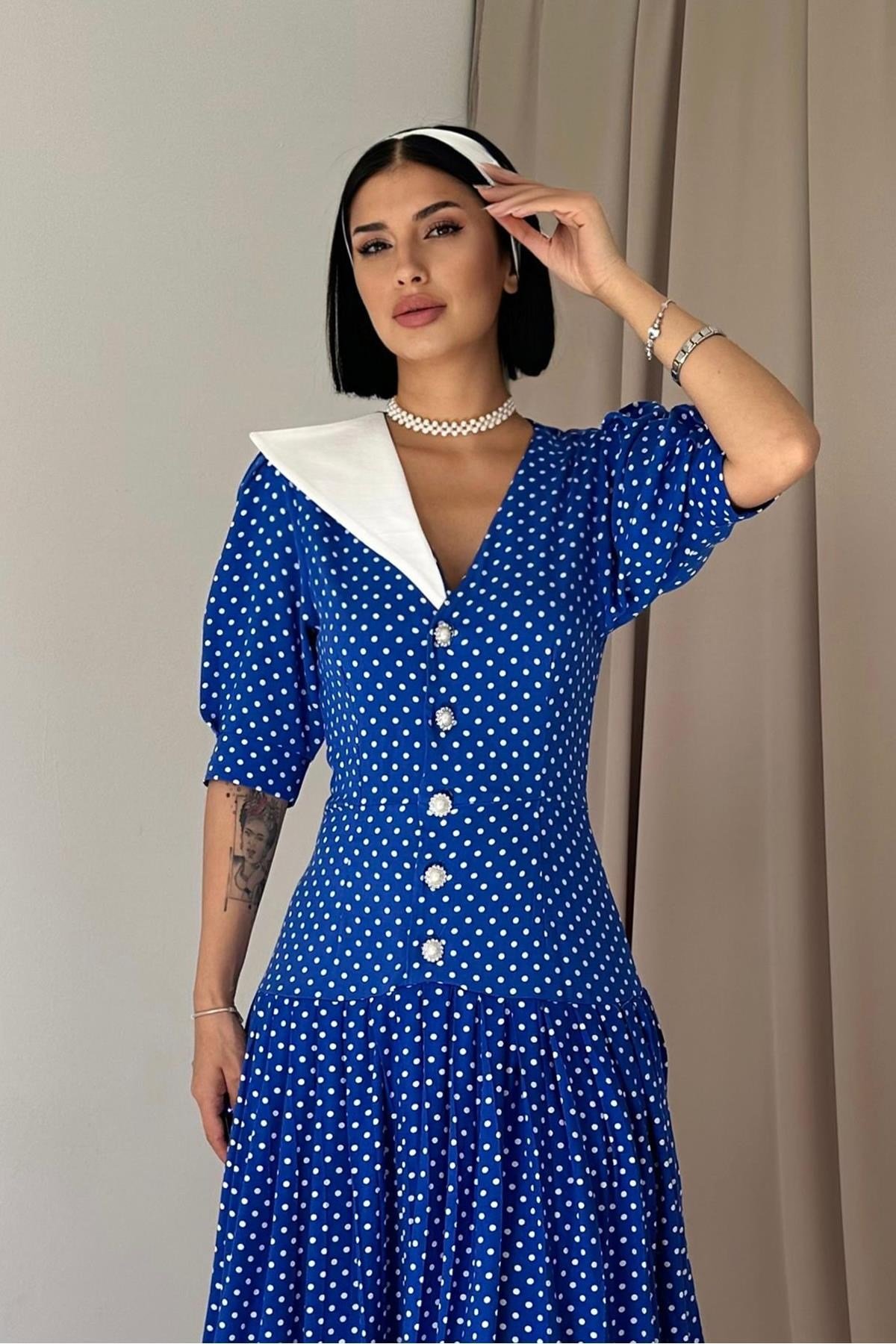Saks Yaka Detaylı Elbise