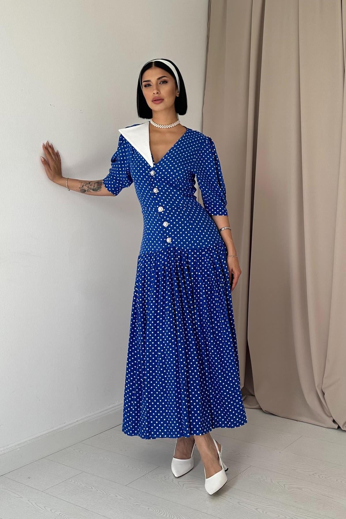 Saks Yaka Detaylı Elbise